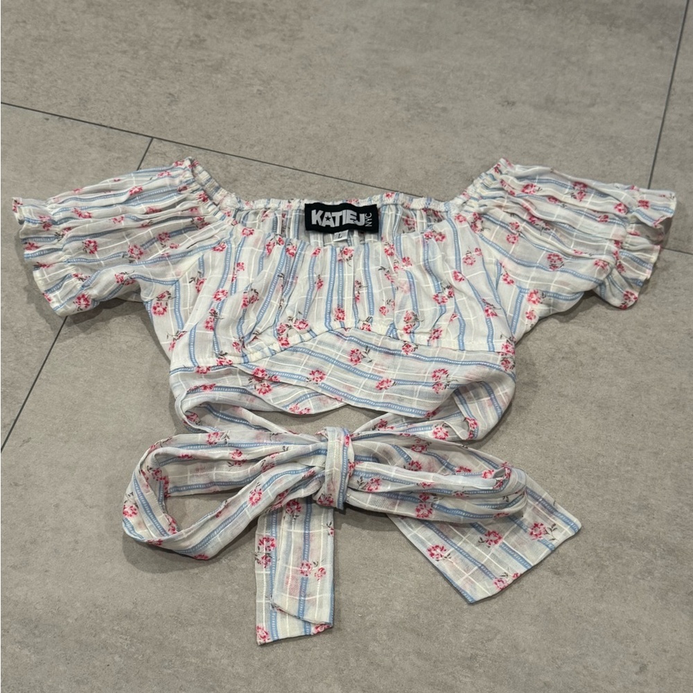 Katie J NYC Tween Chase Floral Striped Blouse - Blue and Pink
